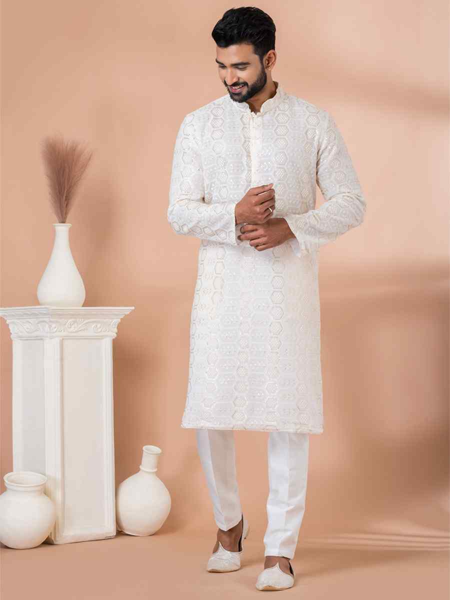 White Georgette Embroidered Festival Party Kurta