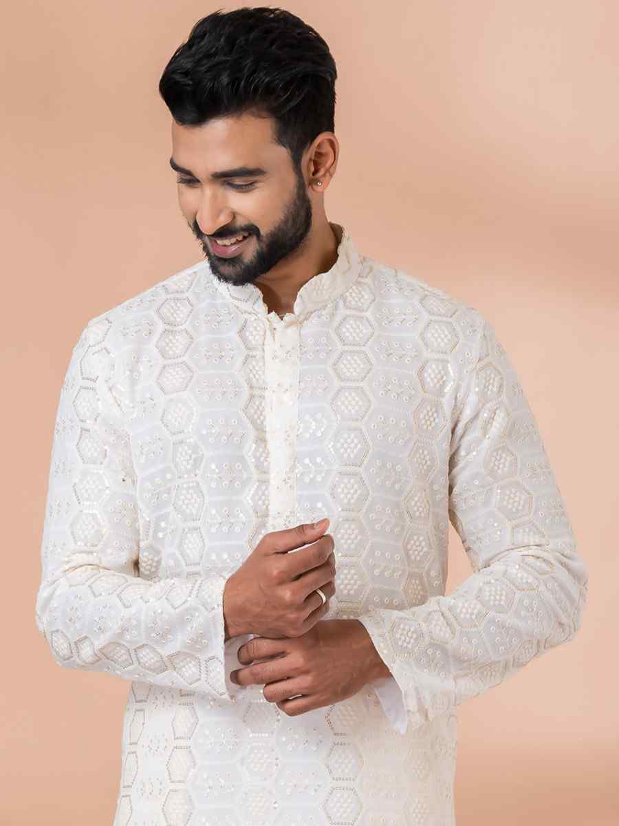 White Georgette Embroidered Festival Party Kurta