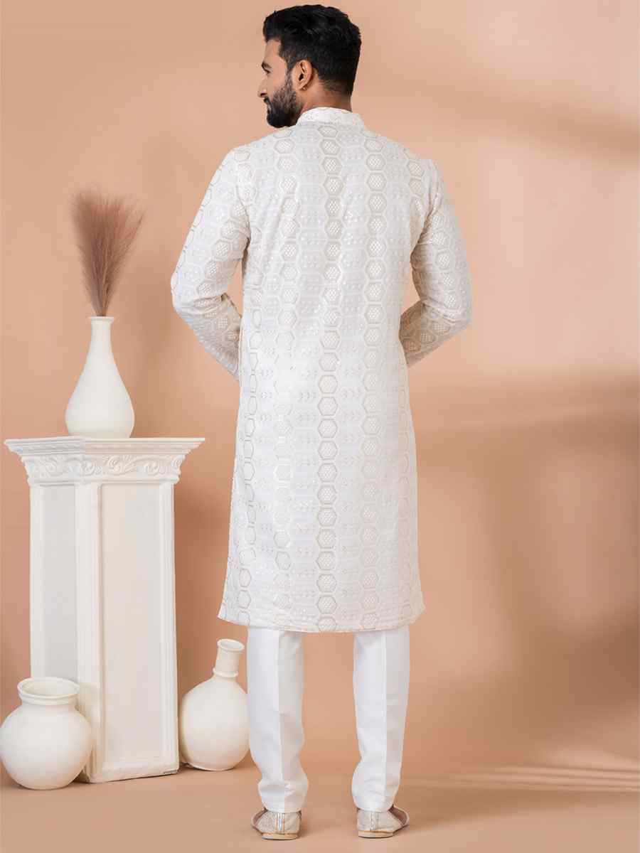 White Georgette Embroidered Festival Party Kurta