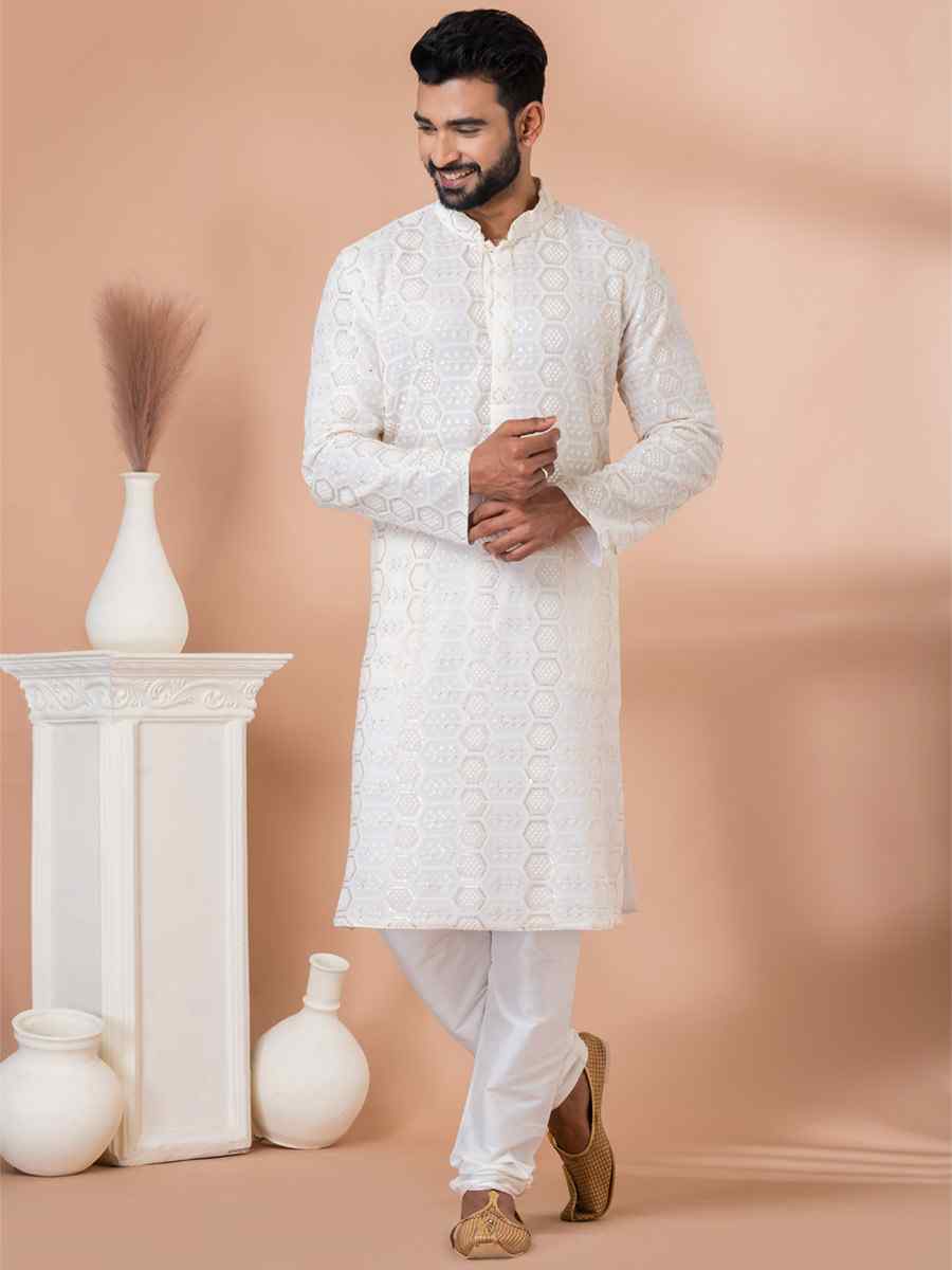 White Georgette Embroidered Festival Party Kurta