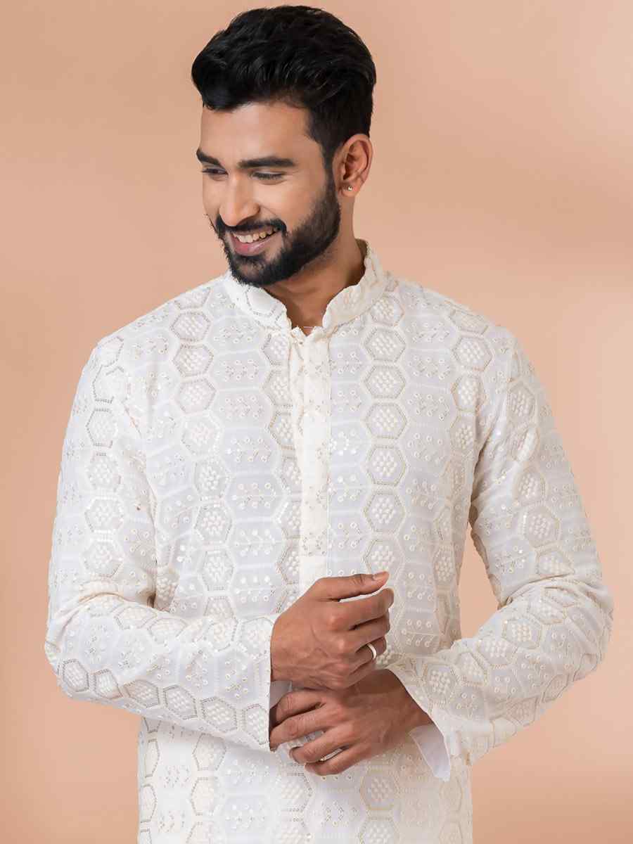 White Georgette Embroidered Festival Party Kurta