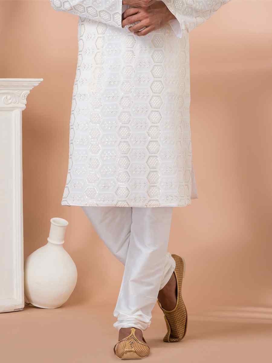 White Georgette Embroidered Festival Party Kurta