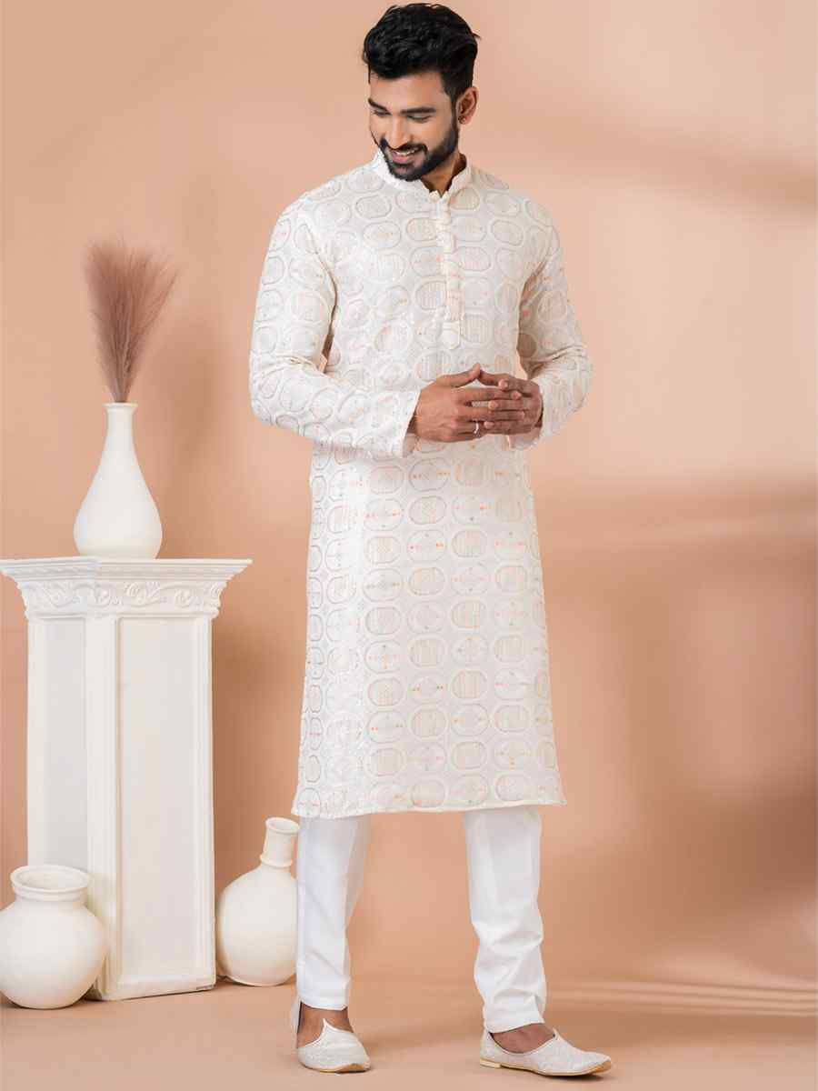 White Georgette Embroidered Festival Party Kurta