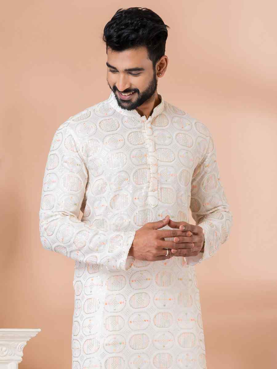 White Georgette Embroidered Festival Party Kurta