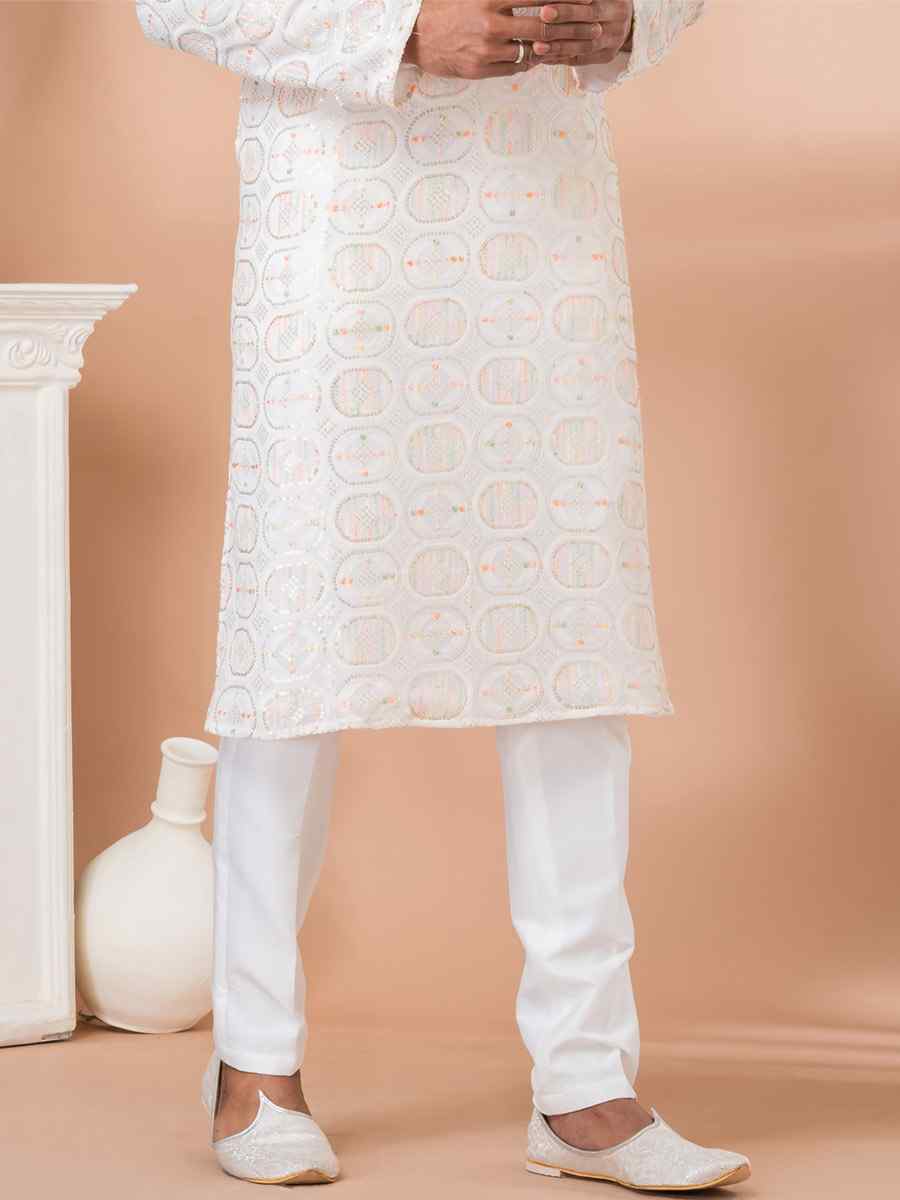 White Georgette Embroidered Festival Party Kurta