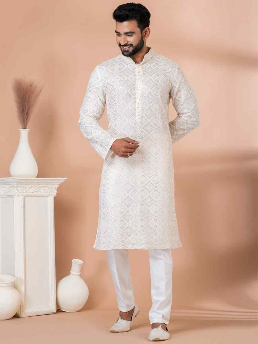 White Georgette Embroidered Festival Party Kurta