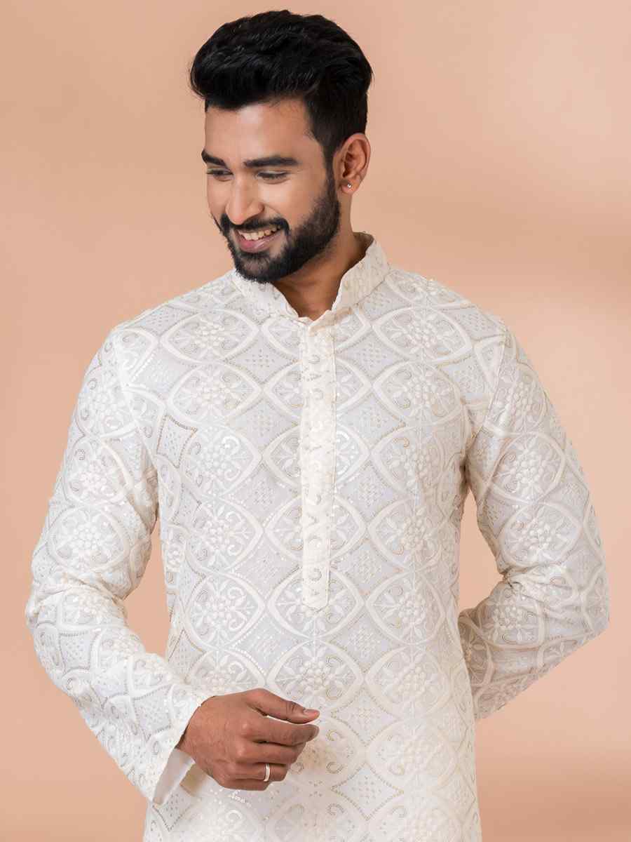 White Georgette Embroidered Festival Party Kurta