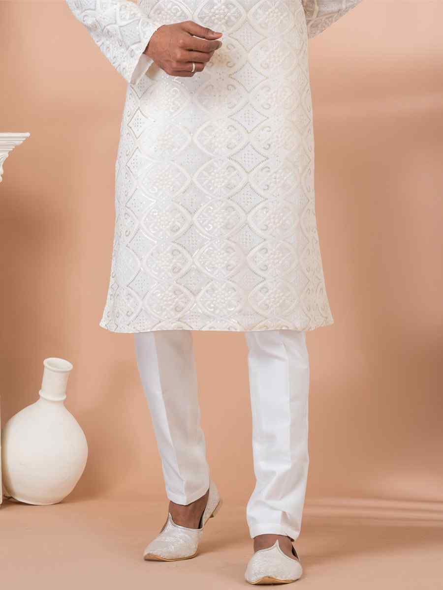 White Georgette Embroidered Festival Party Kurta