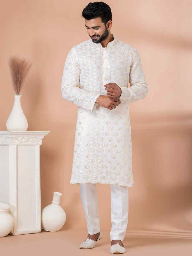 White Georgette Embroidered Festival Party Kurta