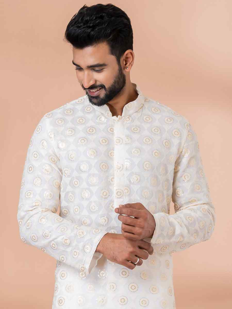 White Georgette Embroidered Festival Party Kurta