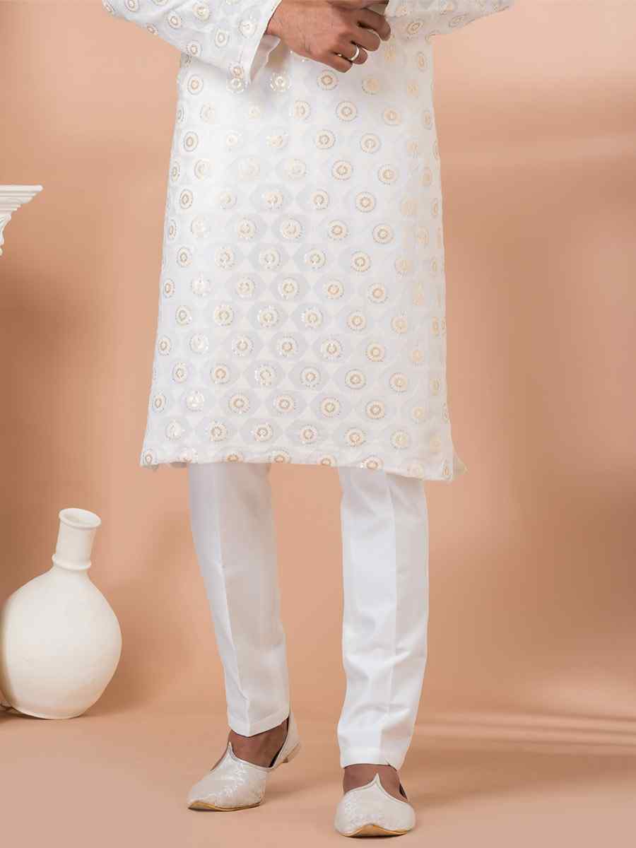 White Georgette Embroidered Festival Party Kurta