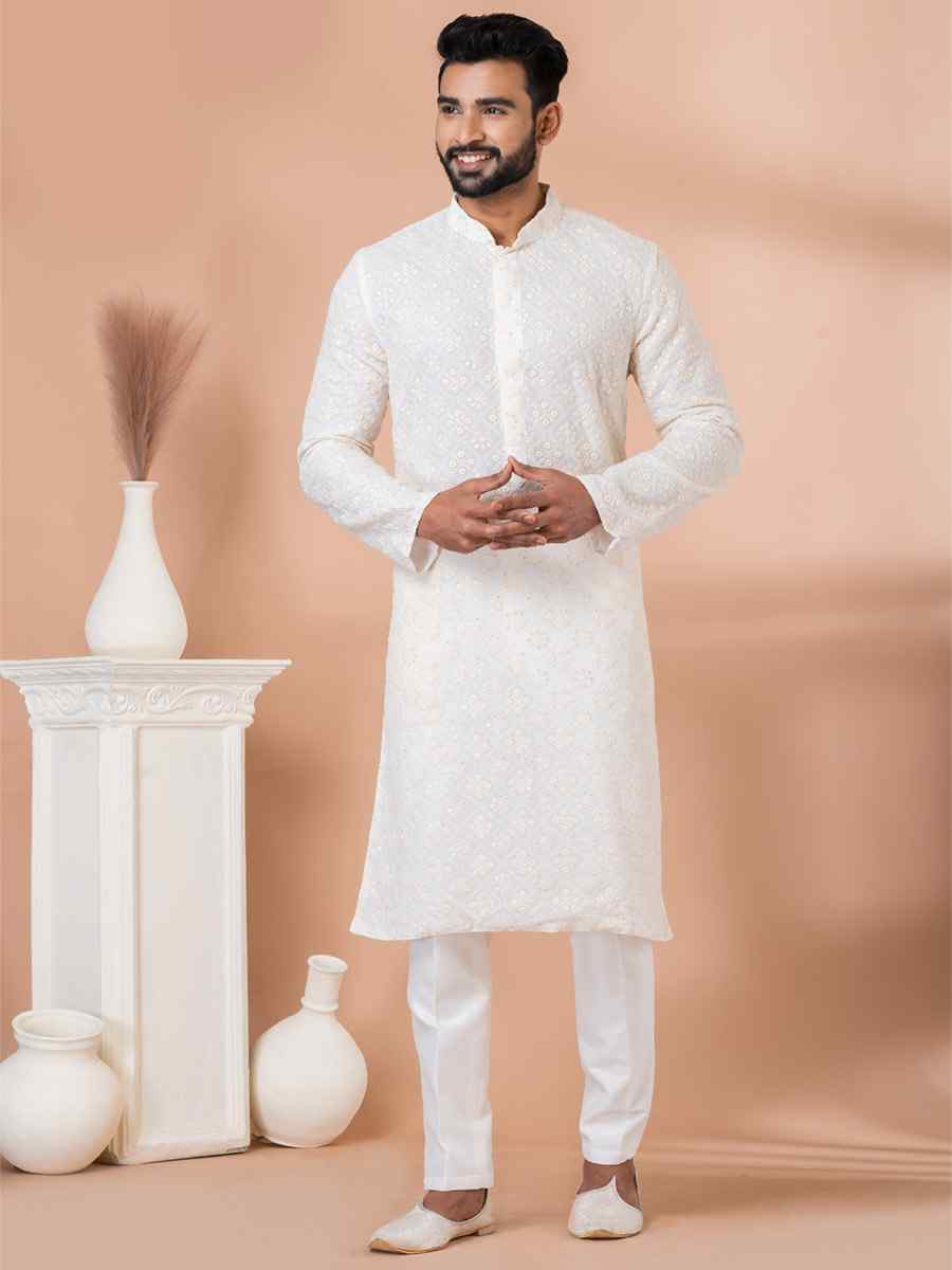 White Georgette Embroidered Festival Party Kurta