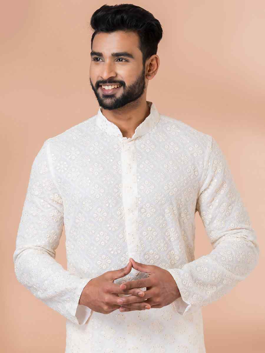 White Georgette Embroidered Festival Party Kurta