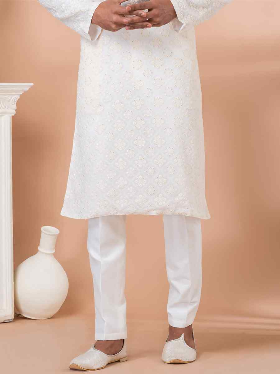 White Georgette Embroidered Festival Party Kurta
