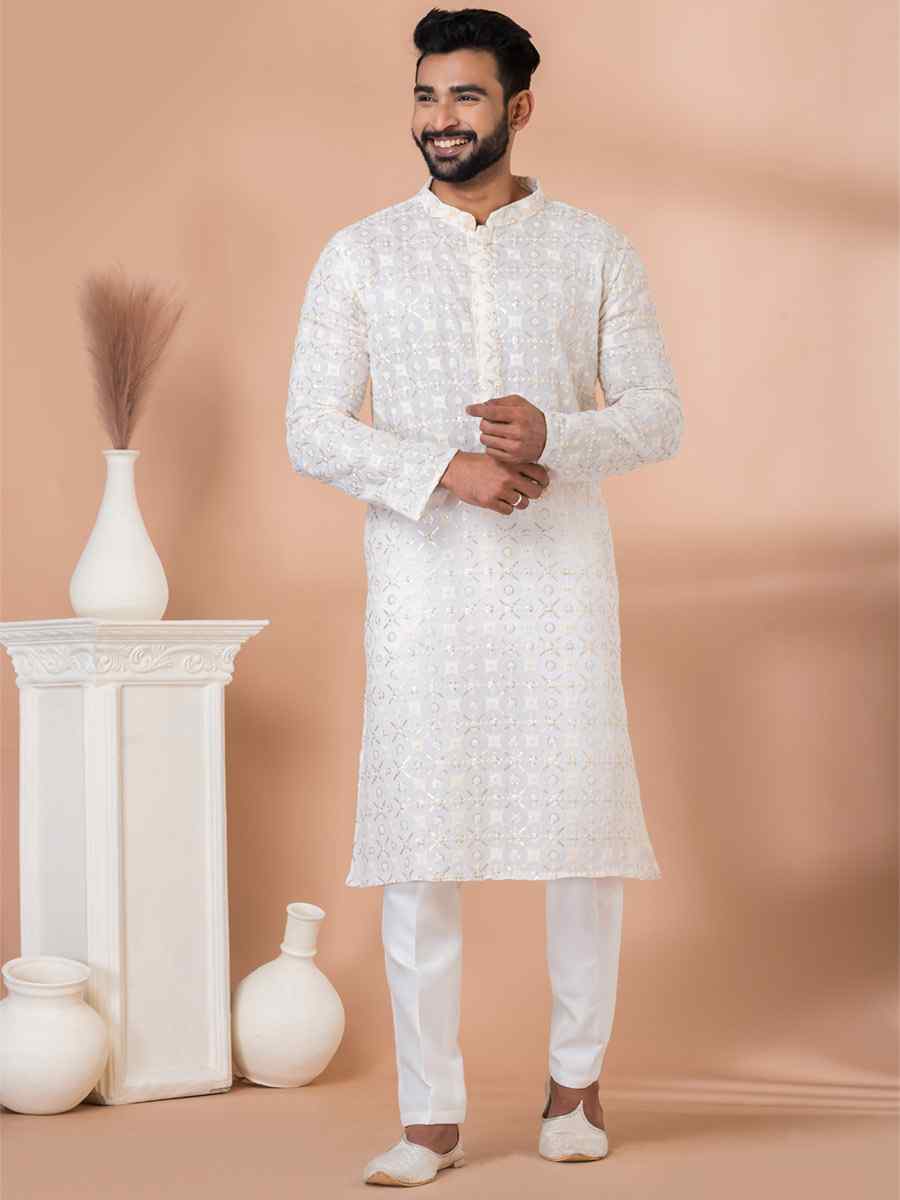 White Georgette Embroidered Festival Party Kurta