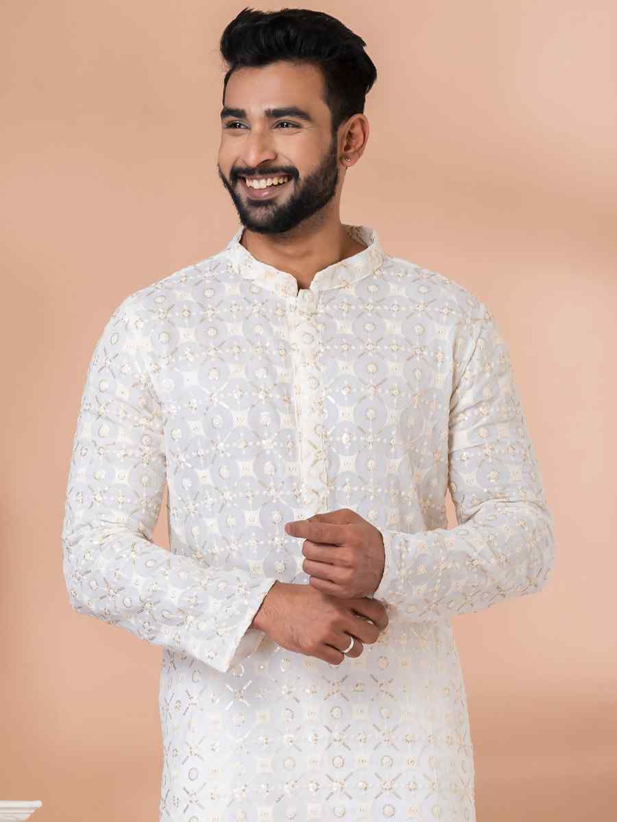White Georgette Embroidered Festival Party Kurta