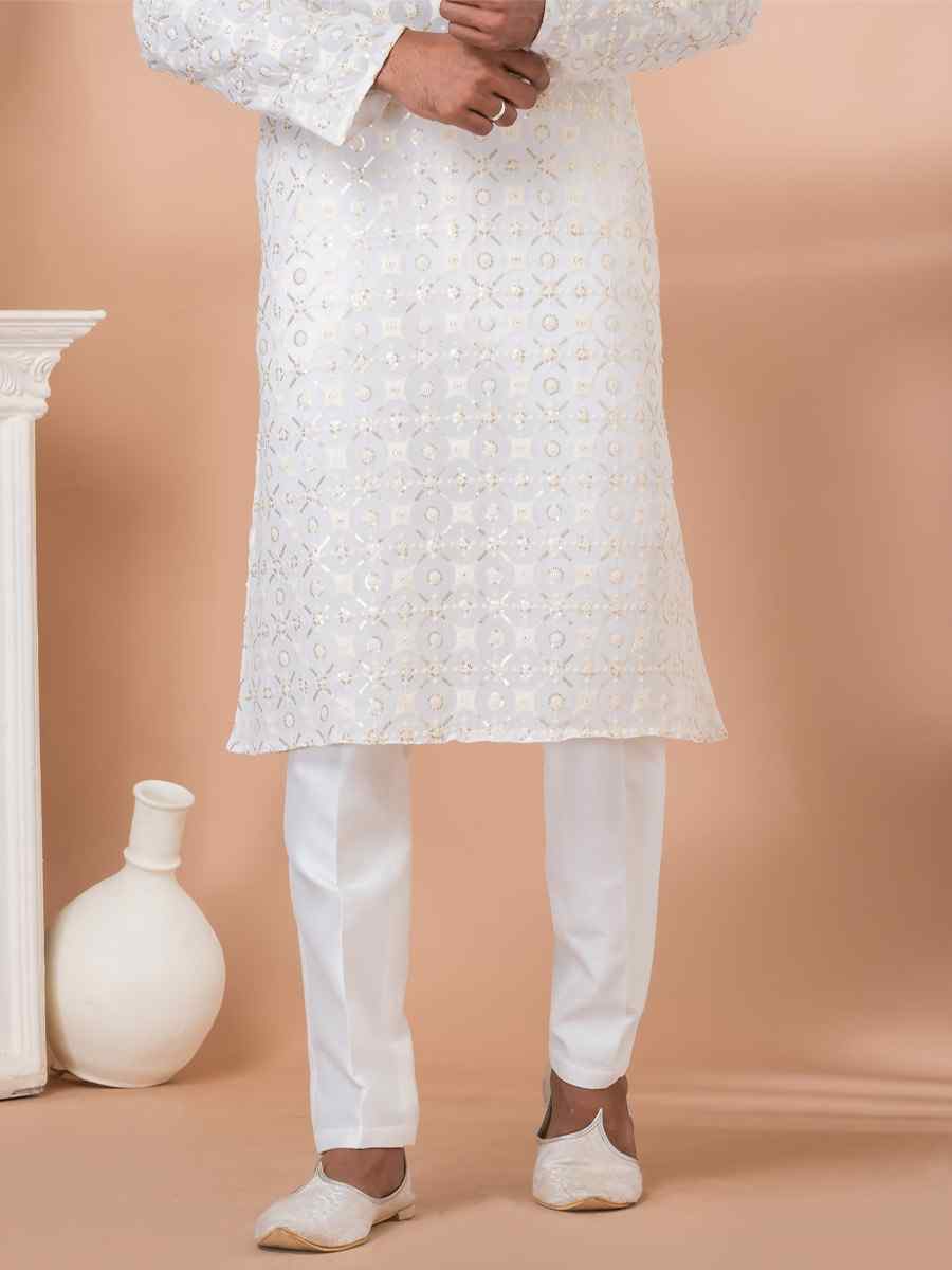 White Georgette Embroidered Festival Party Kurta