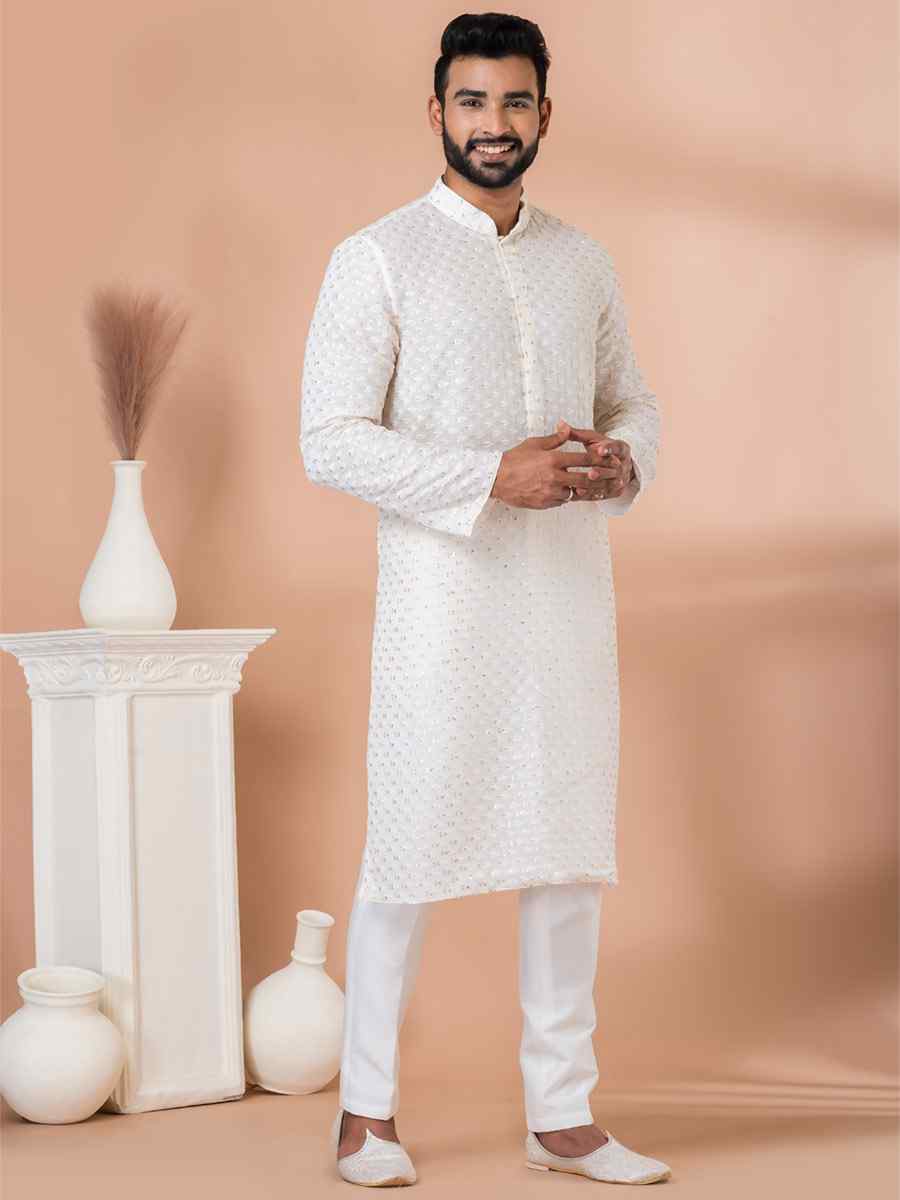 White Georgette Embroidered Festival Party Kurta