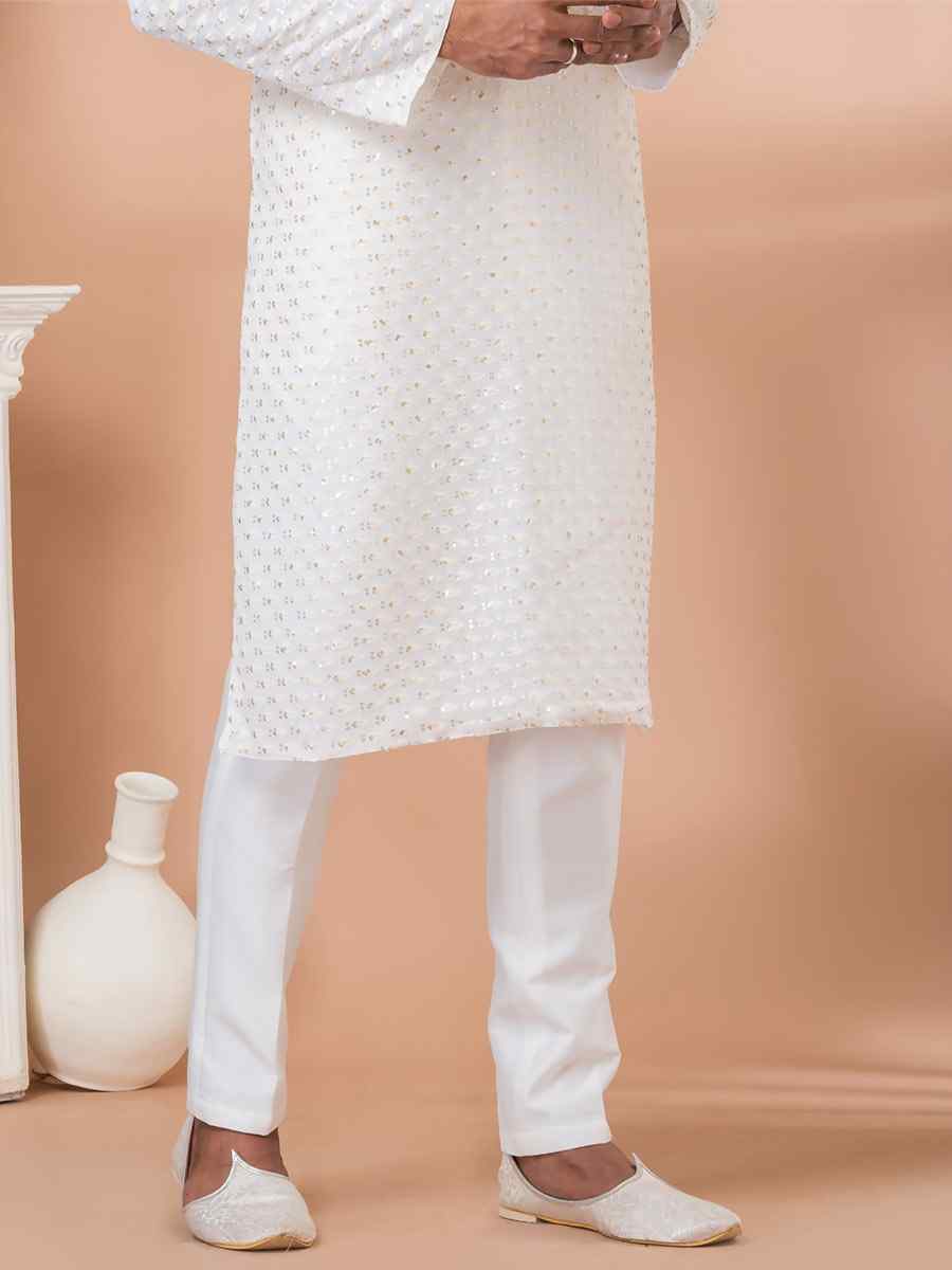 White Georgette Embroidered Festival Party Kurta