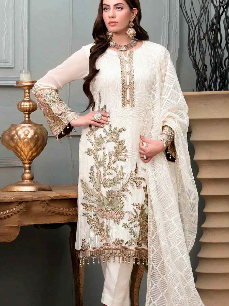 White Georgette Embroidered Festival Party Pant Salwar Kameez