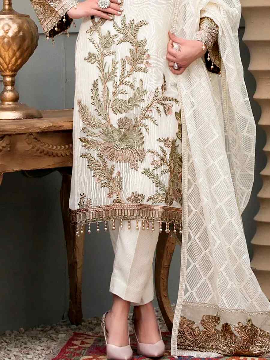 White Georgette Embroidered Festival Party Pant Salwar Kameez