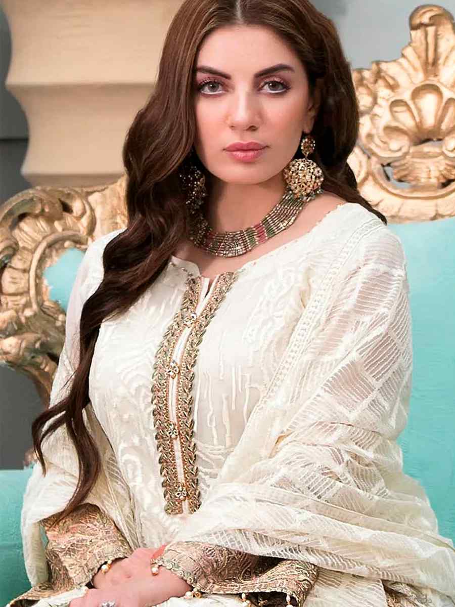 White Georgette Embroidered Festival Party Pant Salwar Kameez