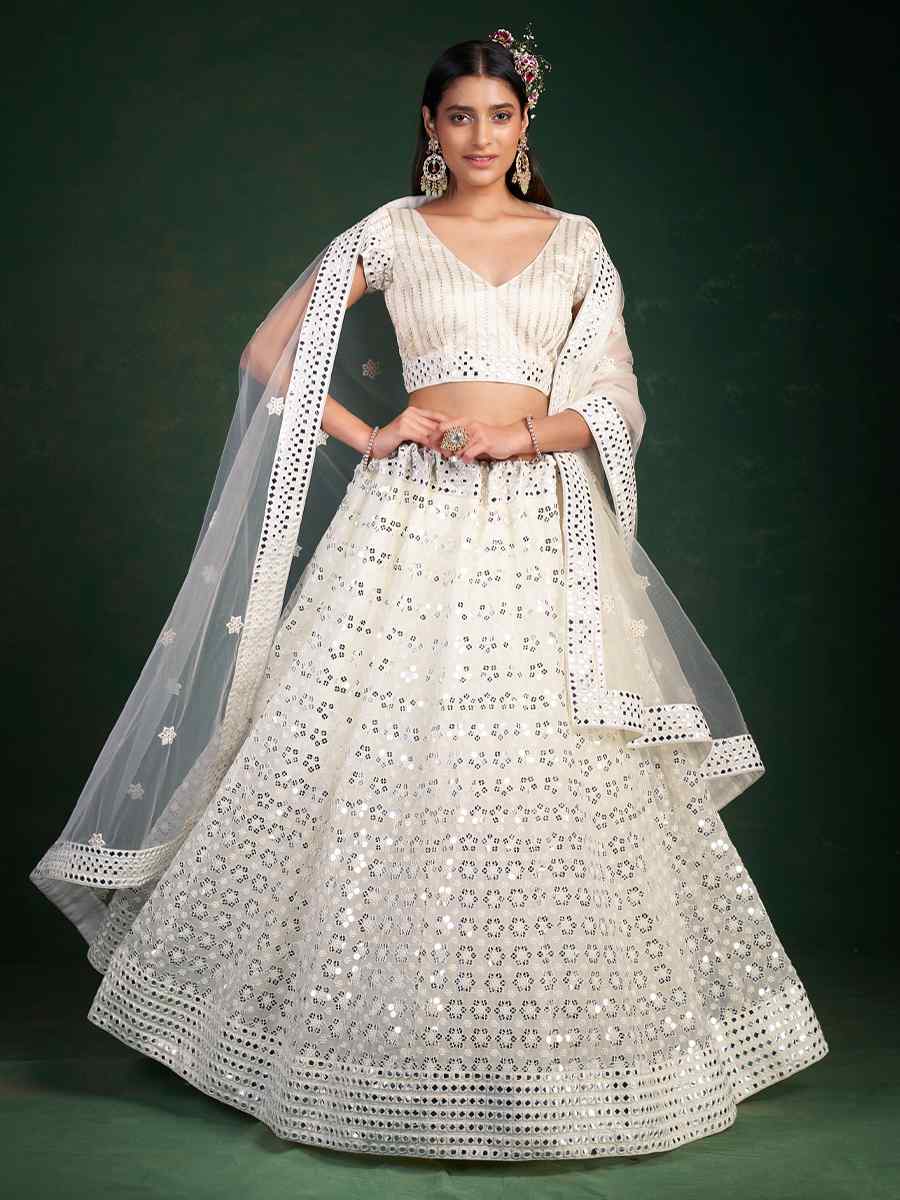 White Georgette Embroidered Festival Wedding Circular Lehenga Choli