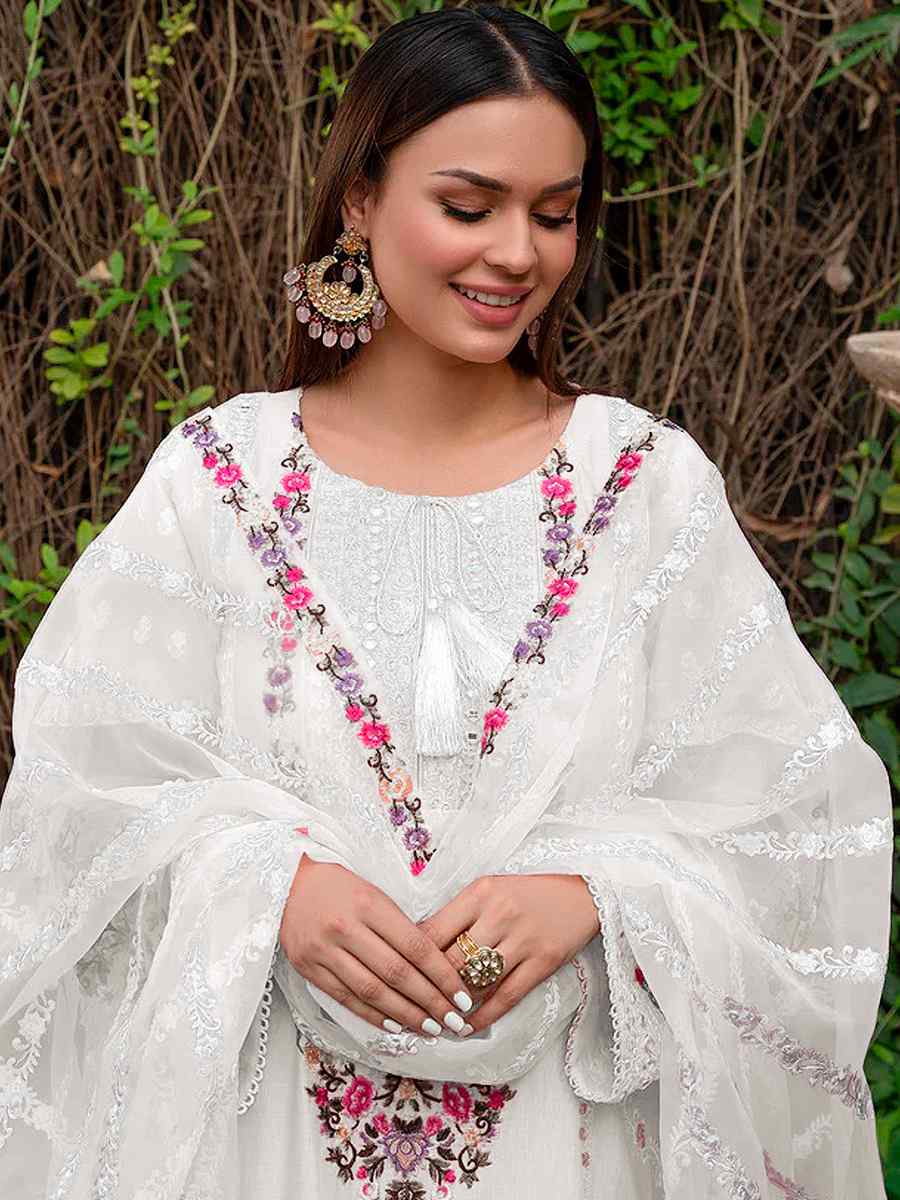 White Georgette Embroidered Festival Wedding Pant Salwar Kameez