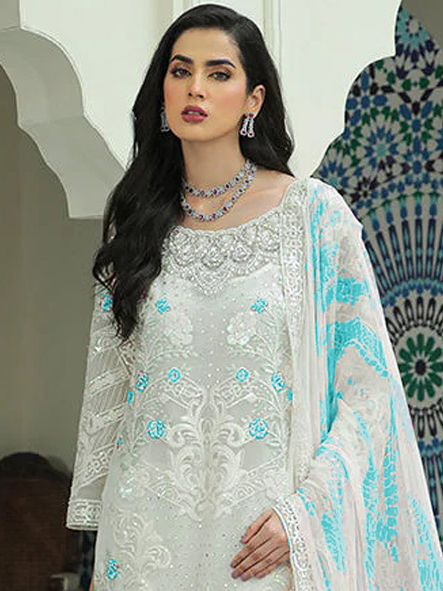 White Georgette Embroidered Festival Wedding Pant Salwar Kameez