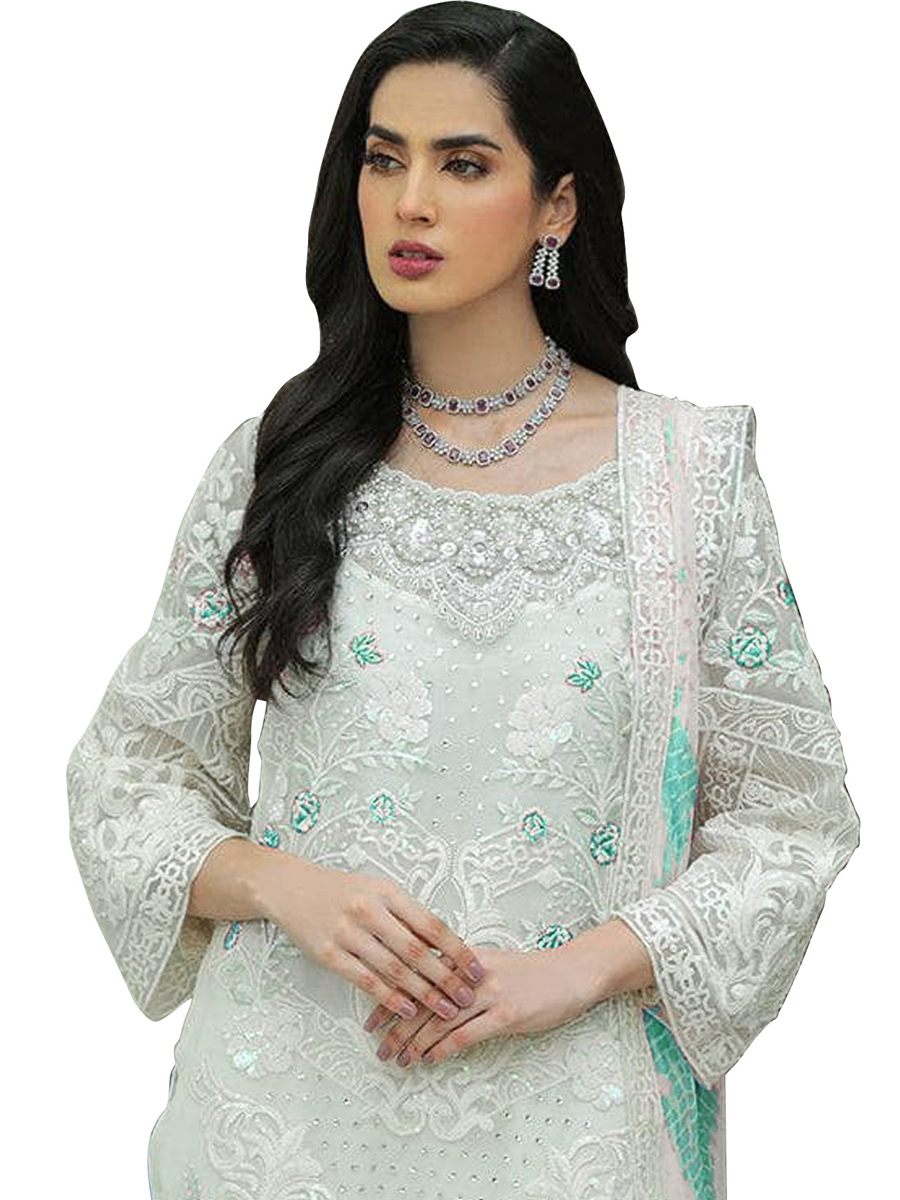 White Georgette Embroidered Festival Wedding Pant Salwar Kameez