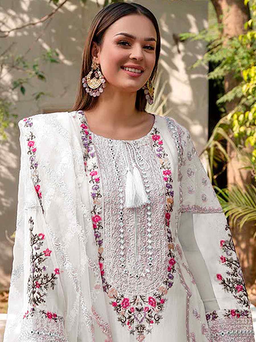 White Georgette Embroidered Festival Wedding Pant Salwar Kameez