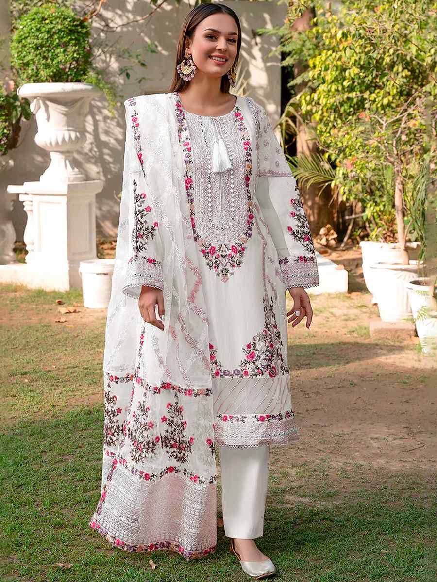 White Georgette Embroidered Festival Wedding Pant Salwar Kameez