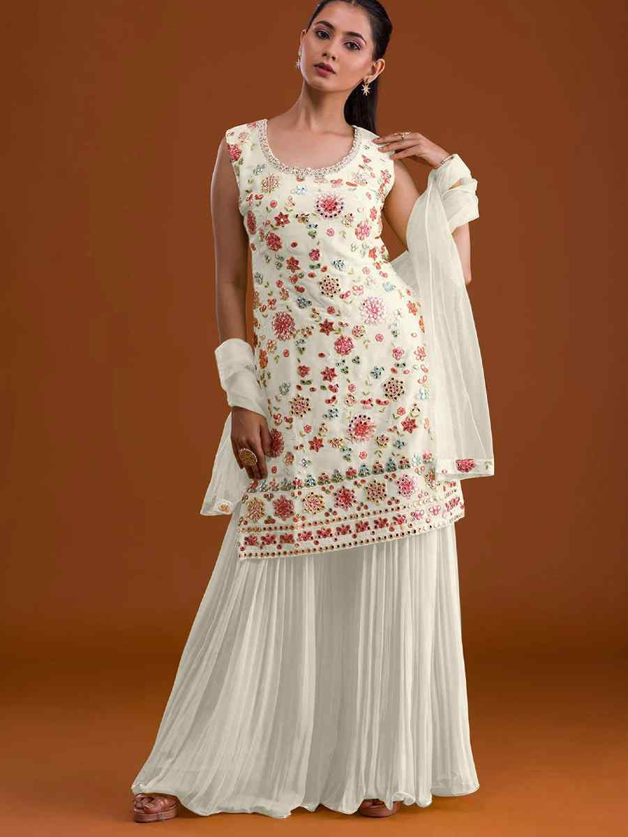 White Georgette Embroidered Festival Wedding Sharara Pant Salwar Kameez