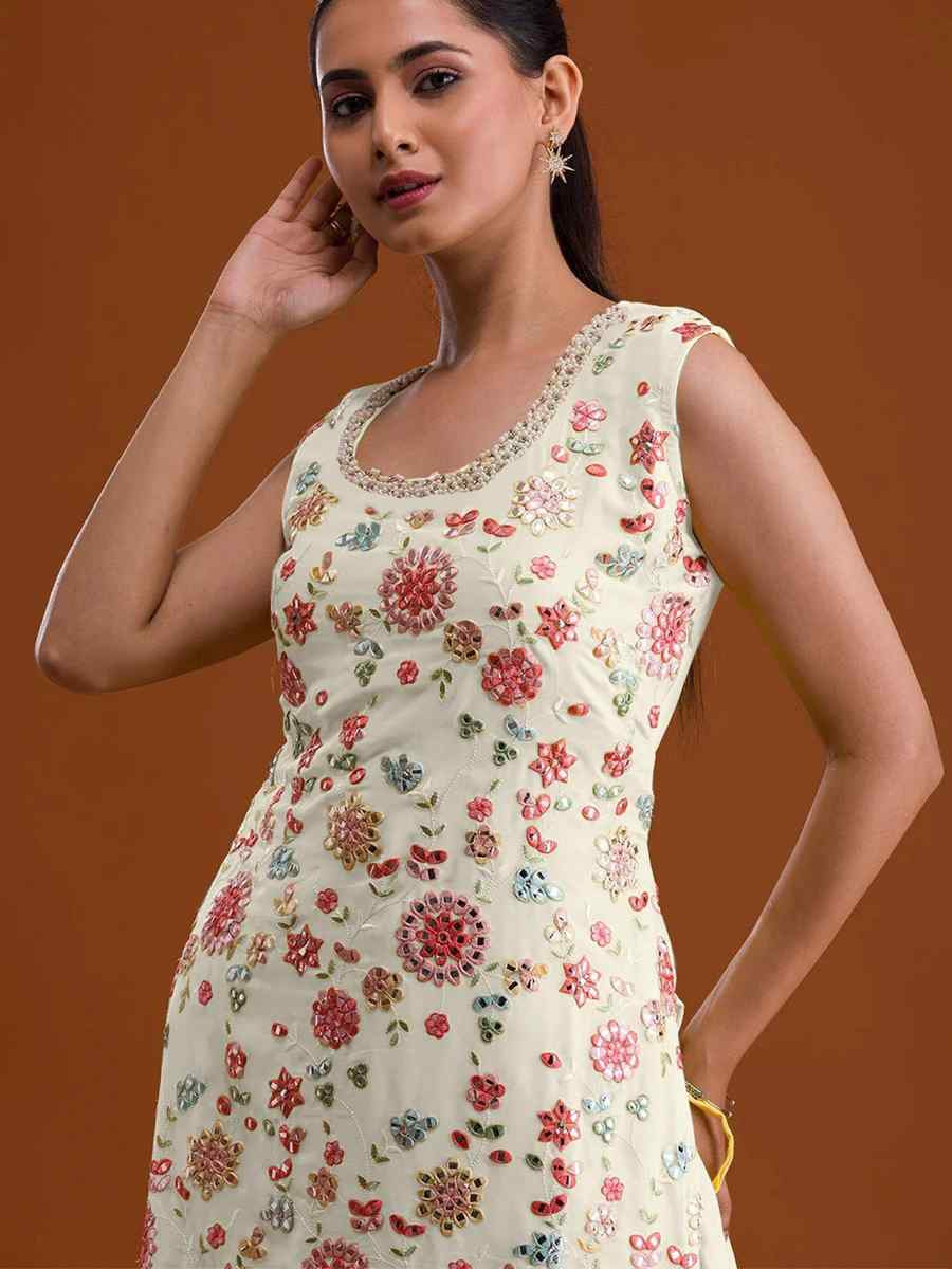 White Georgette Embroidered Festival Wedding Sharara Pant Salwar Kameez