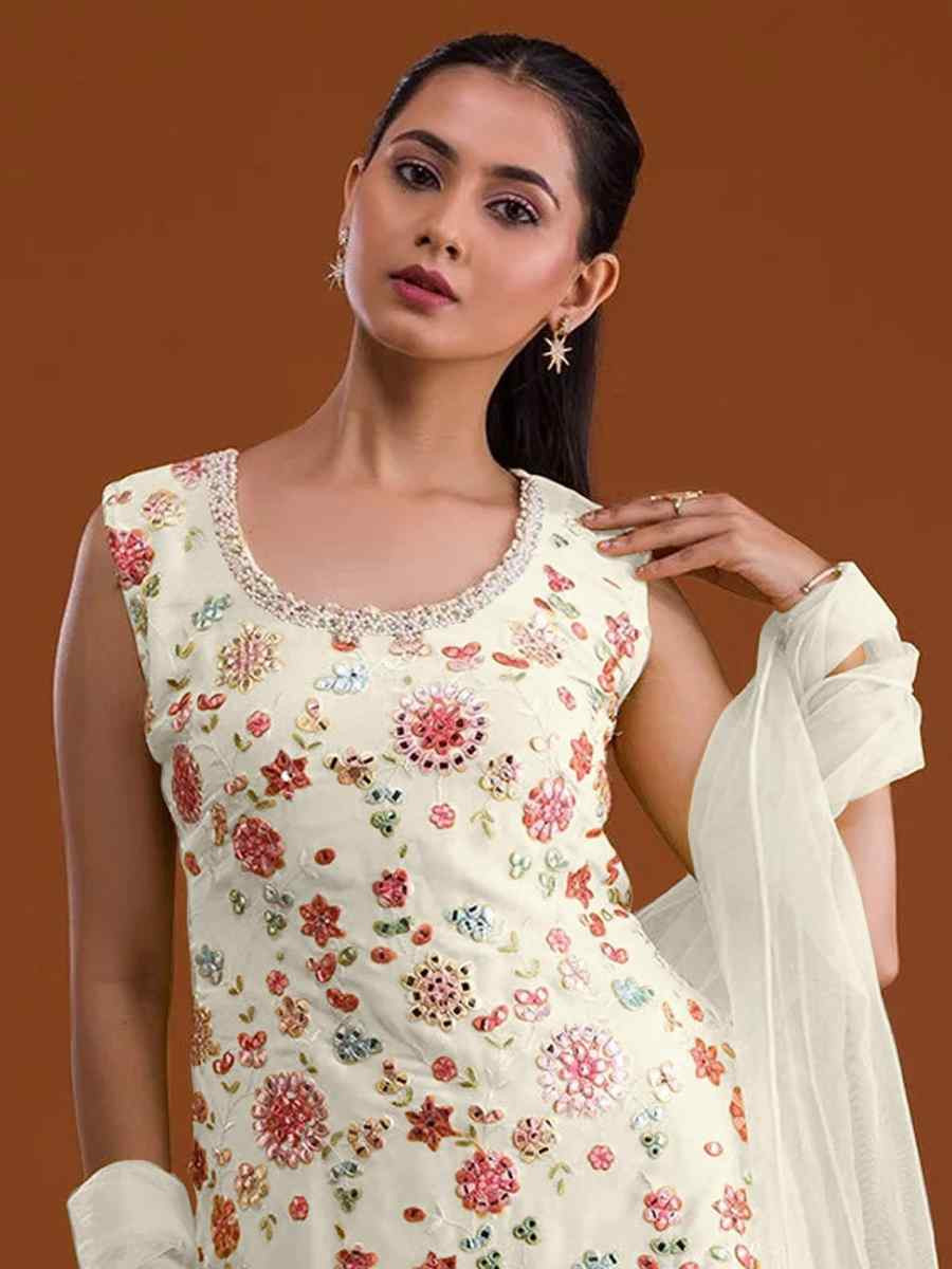 White Georgette Embroidered Festival Wedding Sharara Pant Salwar Kameez