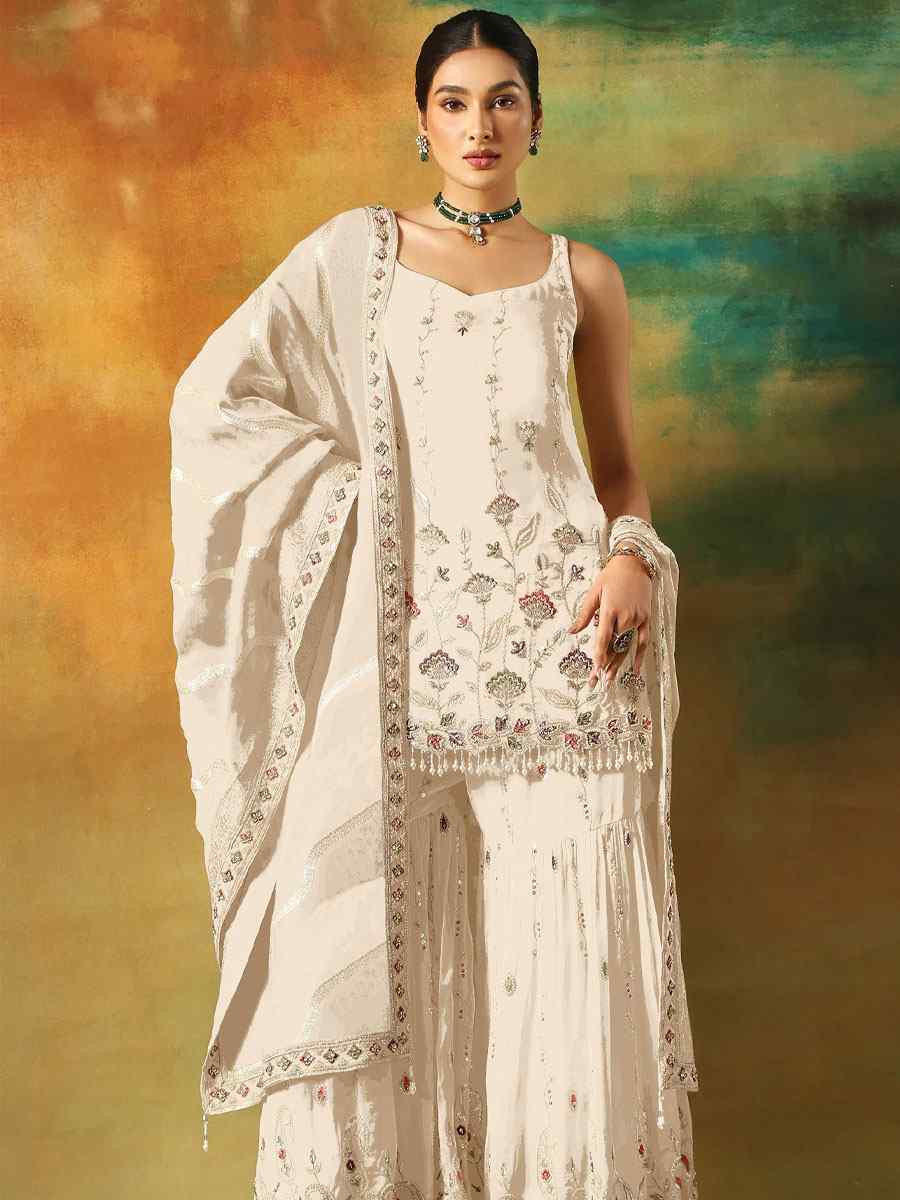 White Georgette Embroidered Festival Wedding Sharara Pant Salwar Kameez