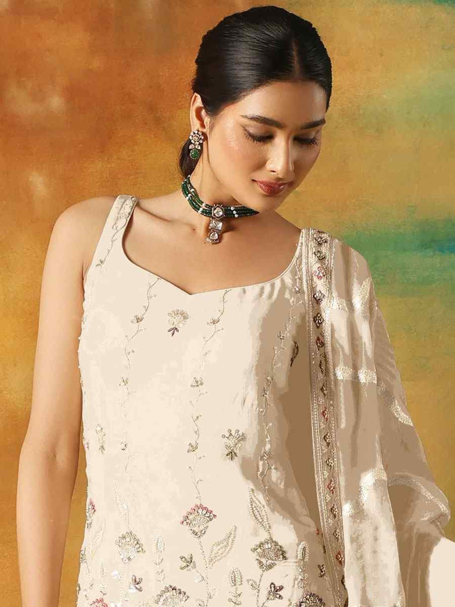 White Georgette Embroidered Festival Wedding Sharara Pant Salwar Kameez