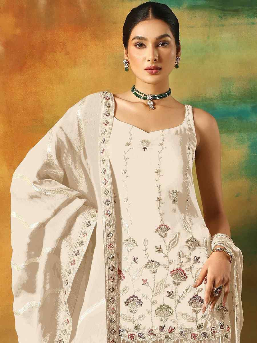 White Georgette Embroidered Festival Wedding Sharara Pant Salwar Kameez