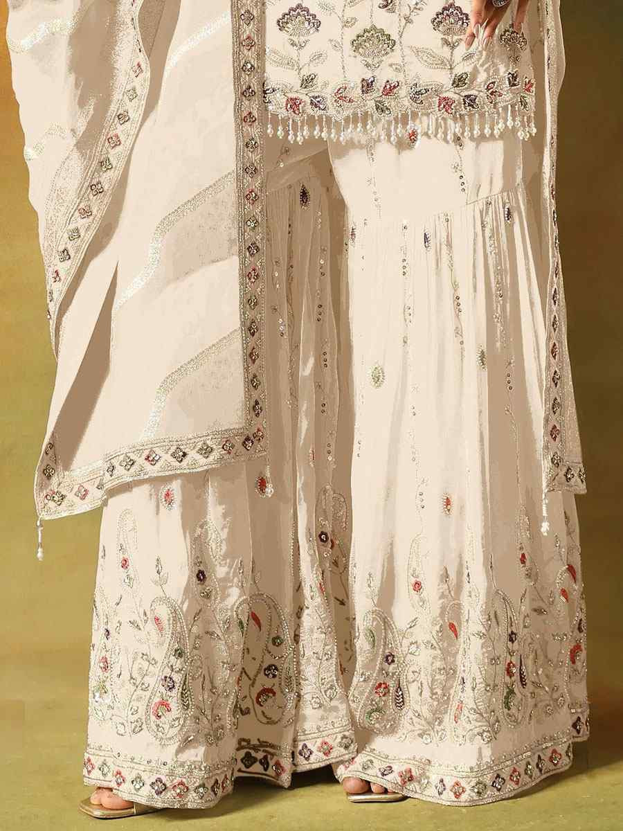 White Georgette Embroidered Festival Wedding Sharara Pant Salwar Kameez