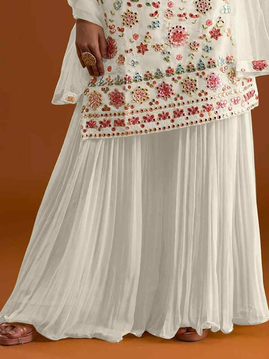 White Georgette Embroidered Festival Wedding Sharara Pant Salwar Kameez