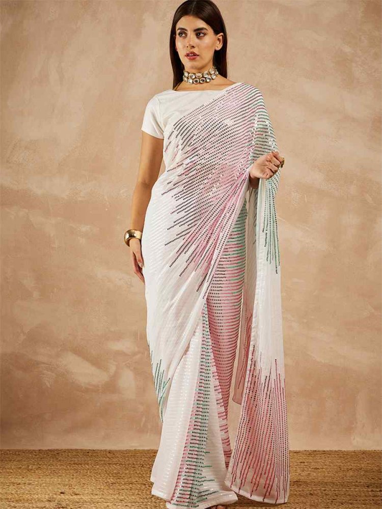 White Georgette Embroidered Party Cocktail Classic Style Saree