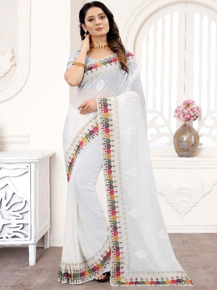 White Georgette Embroidered Party Festival Heavy Border Saree