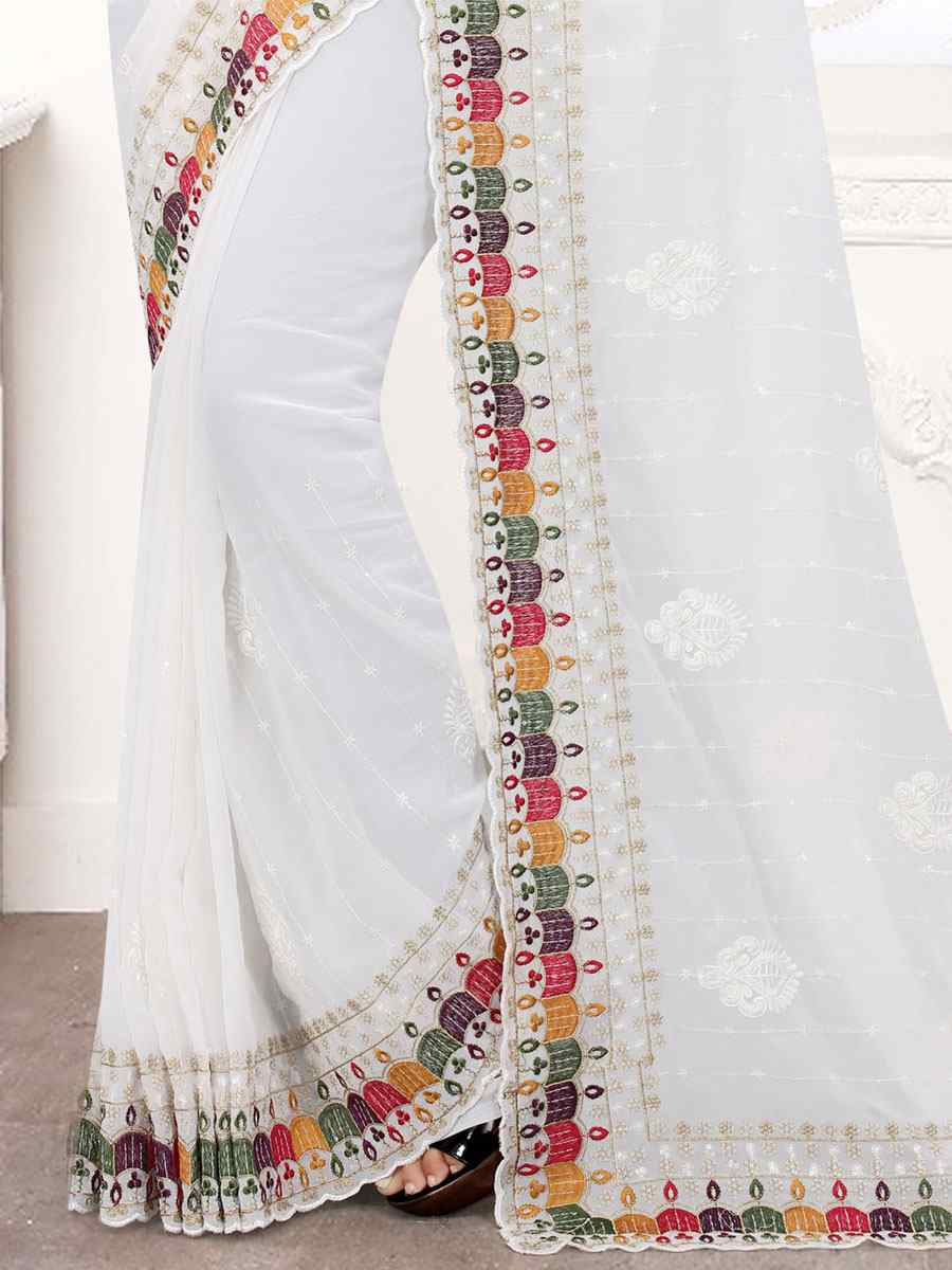 White Georgette Embroidered Party Festival Heavy Border Saree