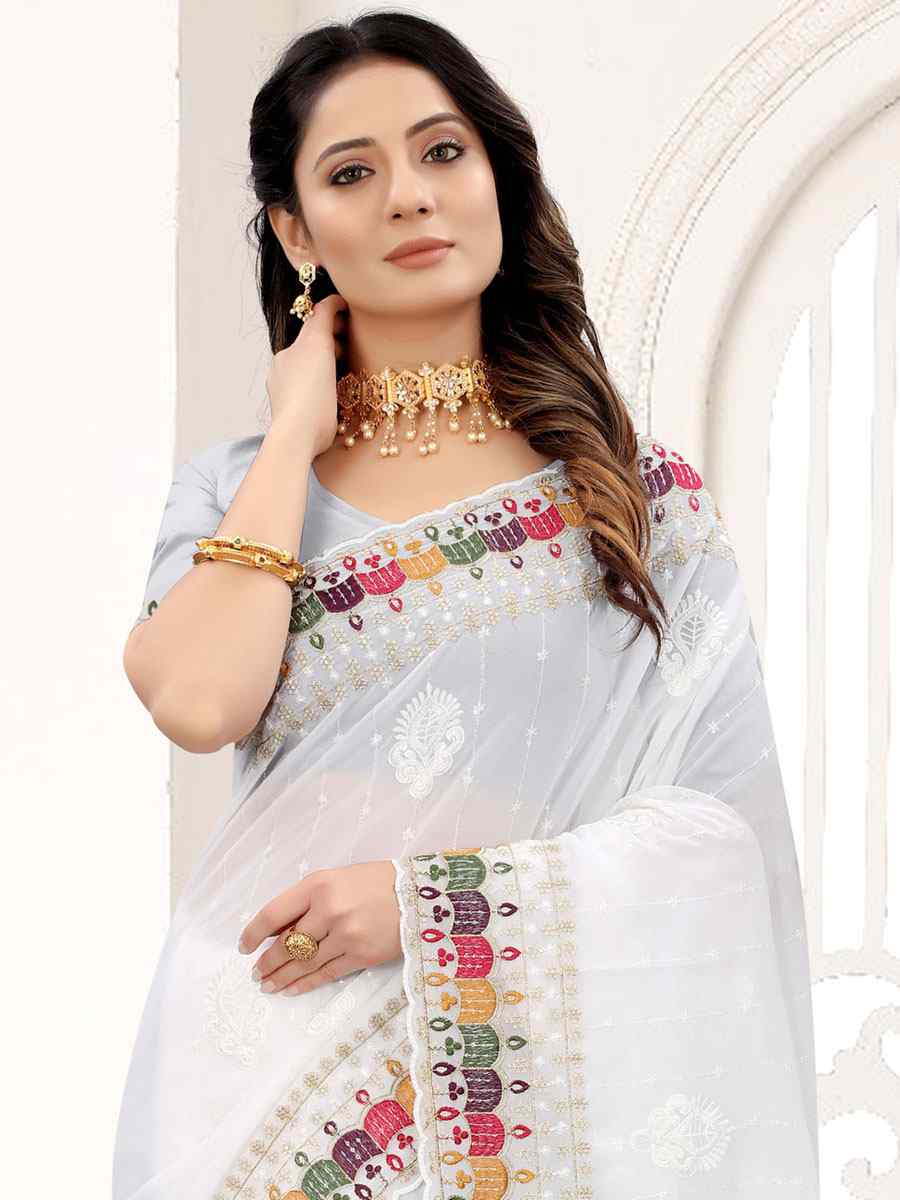 White Georgette Embroidered Party Festival Heavy Border Saree