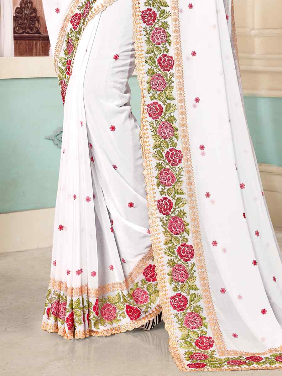 White Georgette Embroidered Party Festival Heavy Border Saree