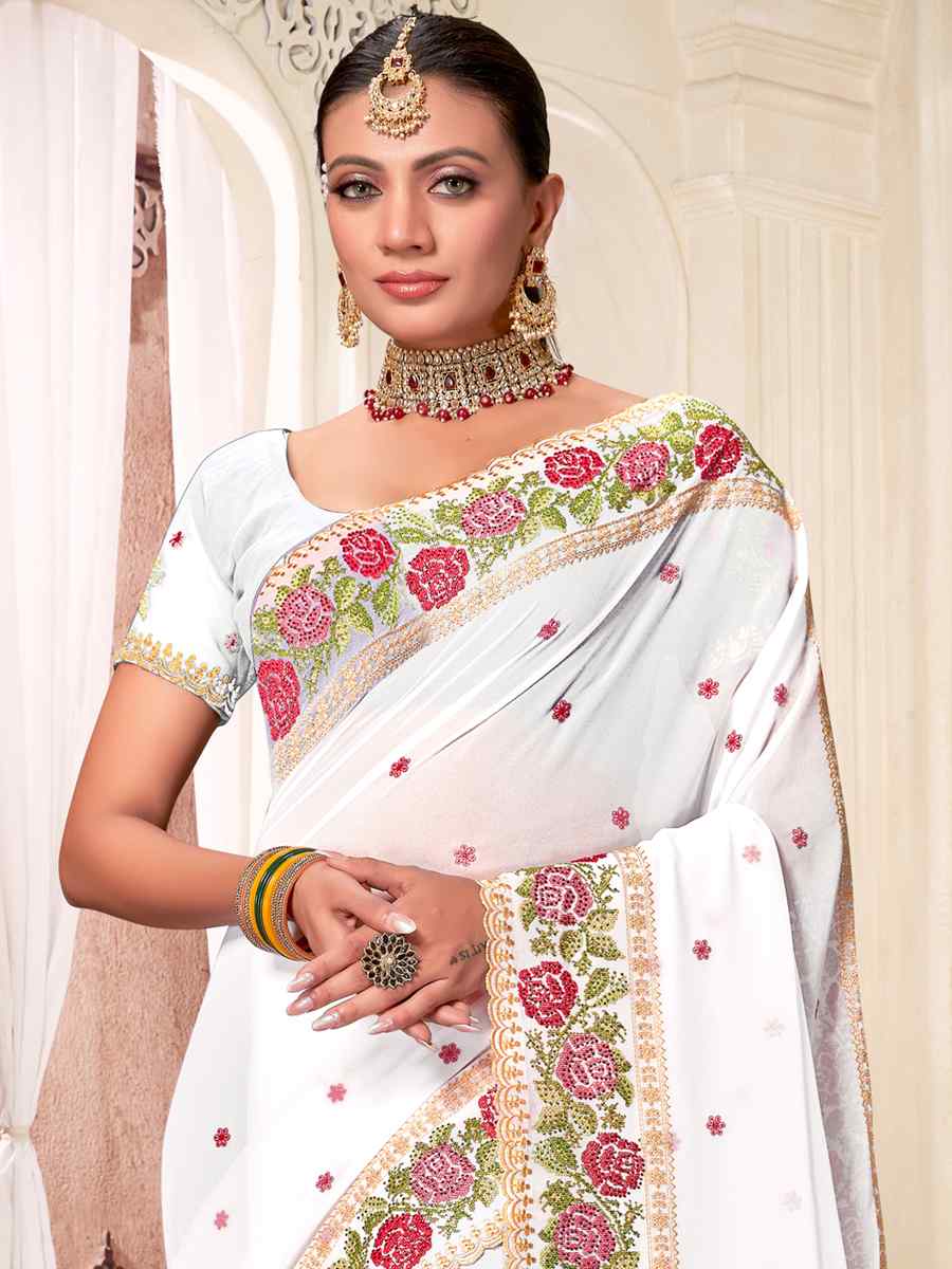 White Georgette Embroidered Party Festival Heavy Border Saree