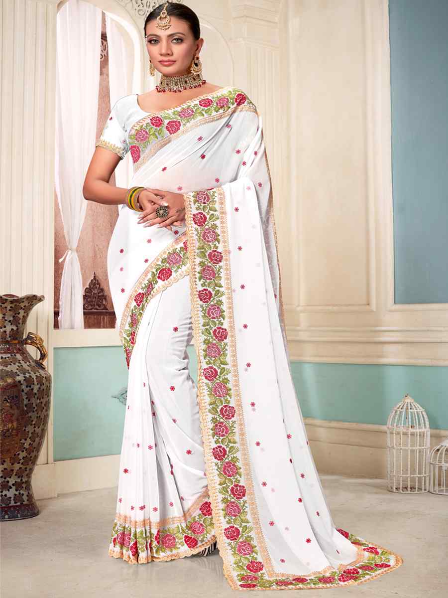 White Georgette Embroidered Party Festival Heavy Border Saree