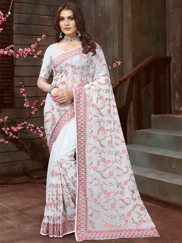 White Georgette Embroidered Party Festival Heavy Border Saree