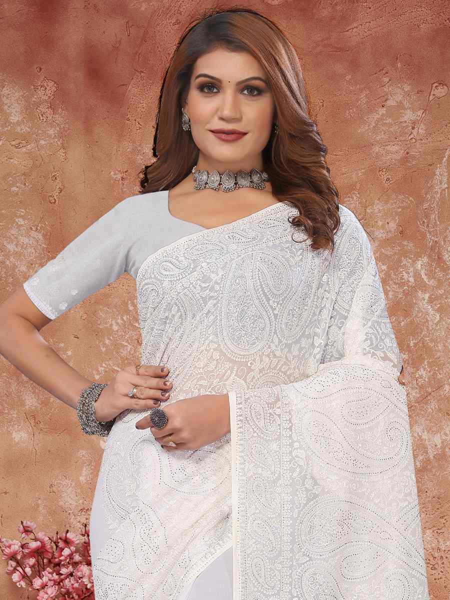 White Georgette Embroidered Reception Party Heavy Border Saree