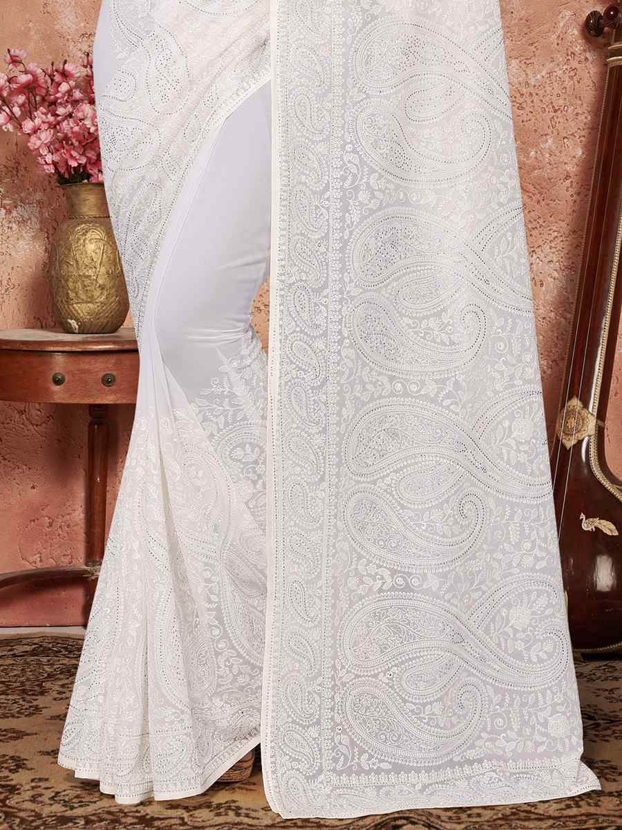 White Georgette Embroidered Reception Party Heavy Border Saree